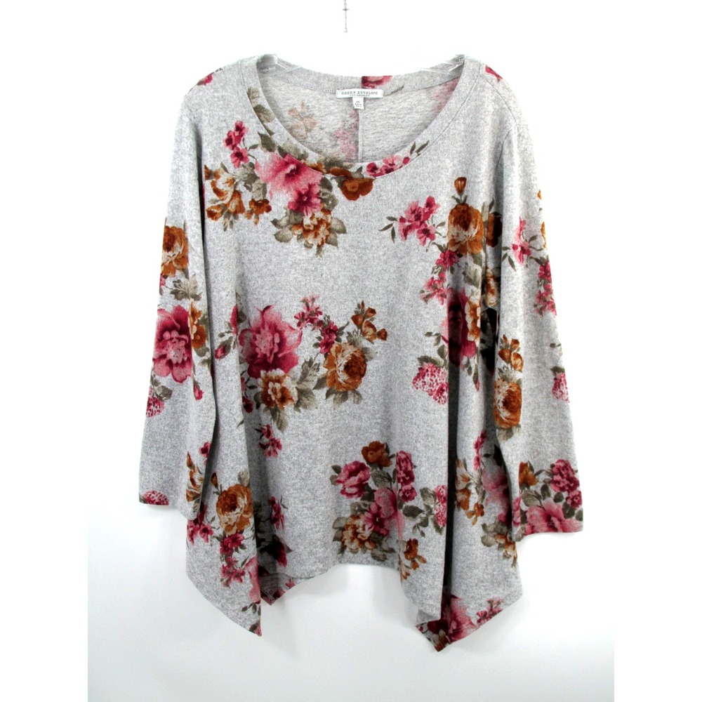 Green Envelope Floral Rose Tunic Knit Top Gray Pink 1X GTC116X-HASP